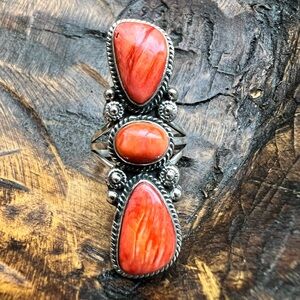 925 Sterling Silver Spiny Oyster Triple Stone Crawler Ring •  Statement •